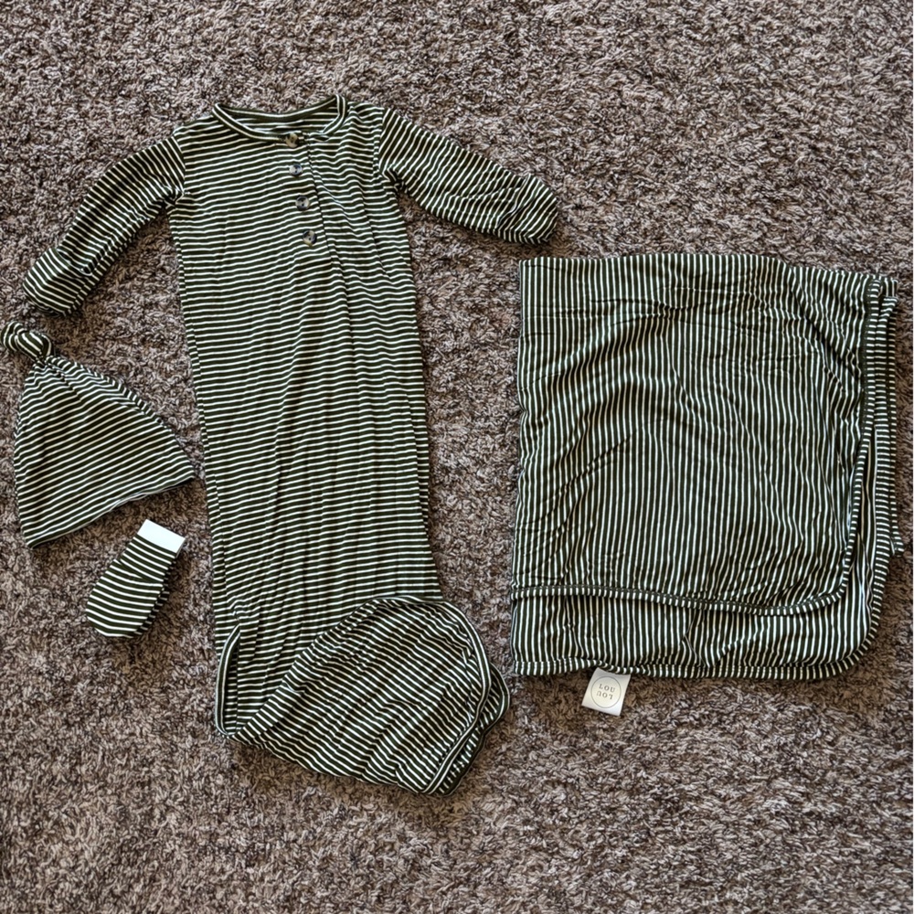 Lou Lou & Company Lennon gown with matching hat, mittens, and swaddle